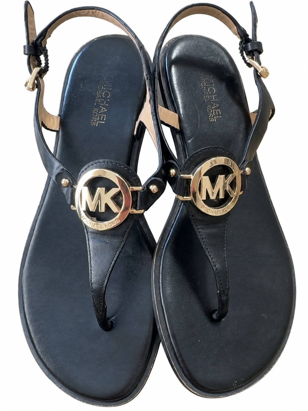 Michael Kors Black Leather Thong Sandals with Gold MK Accent